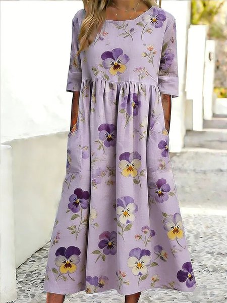 

Women Floral Summer Dress Crew Neck Half Sleeve A-Line Dress, Purple, Dresses