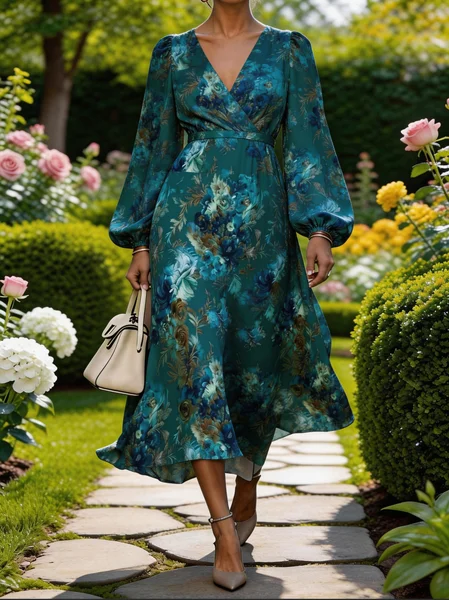 

Women Floral Summer Dress V Neck Short Sleeve Beach Dress A-Line Dress, Dark green, Dresses