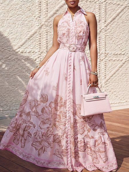 Elegant Floral Printing Shirt Collar Maxi Dress With Belt