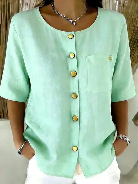 

Crew Neck Short Sleeve Plain Regular Loose Shirt For Women, Lightgreen, Shirts