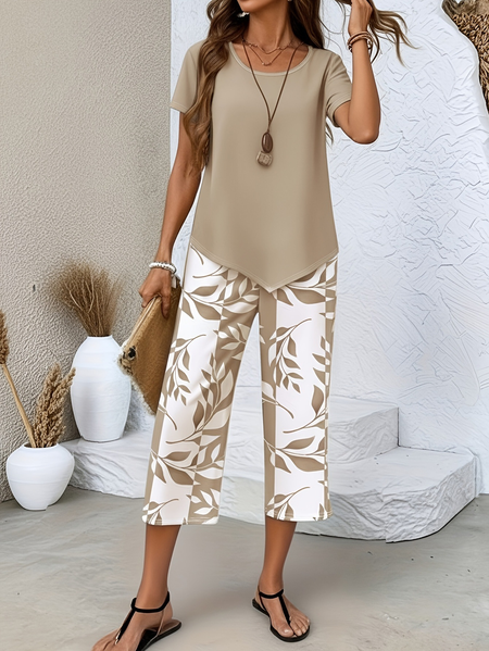 

Women Floral Two-Piece Set Daily Short Sleeve Casual Summer Top With Pants Matching Set, Light brown, Sets