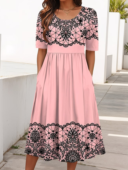 

Women Floral Summer Printing Dress Crew Neck Short Sleeve Shift Dress H-Line Dress, Pink, Dresses