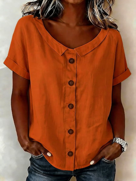 

Crew Neck Short Sleeve Plain Regular Loose Shirt For Women, Orange, Shirts