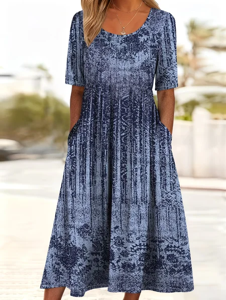 

Women Abstract Summer Printing Dress Crew Neck Short Sleeve Shift Dress H-Line Dress, Navyblue, Dresses