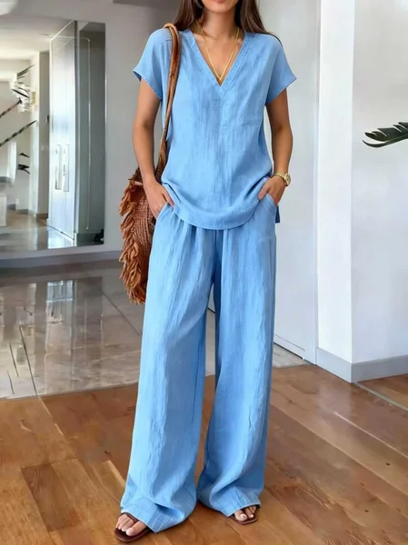 

Women Plain Two-Piece Set Daily Short Sleeve Casual Summer Top With Pants Matching Set, Sky blue, Sets
