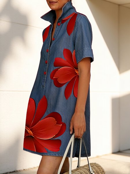 Casual Floral Buttoned Shawl Collar Soft Tencel Denim Mini Dress