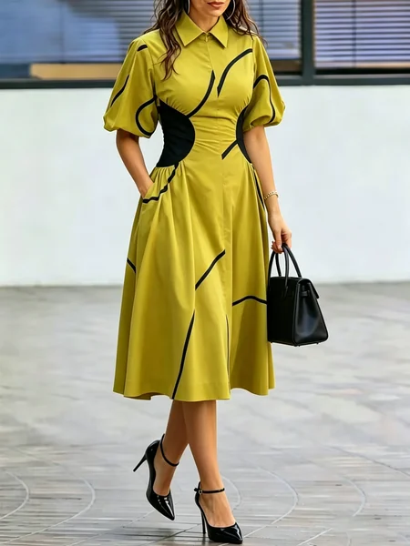 Urban Geometric Shirt Collar Midi Dress