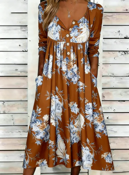 

Women Floral Summer Dress Half Open Collar Half Sleeve A-Line Dress, Coffee, Dresses