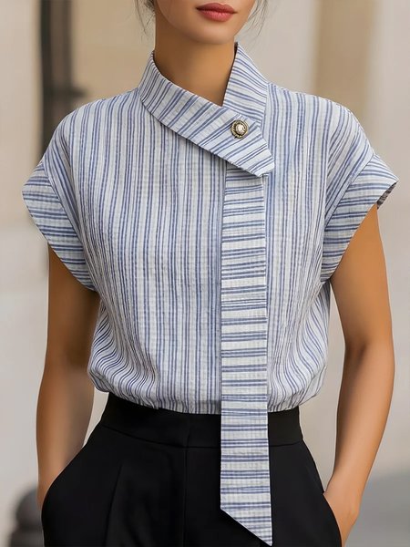 

Urban Striped Printing Tie Neck Blouse, Blue, Blouses and Shirts