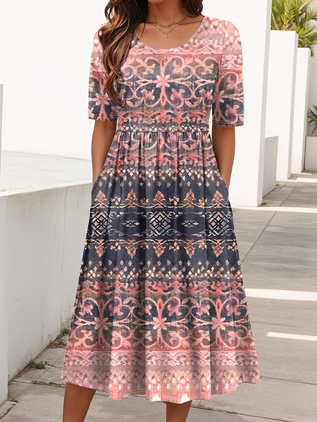 

Women Ethnic Summer Printing Dress Crew Neck Short Sleeve Shift Dress H-Line Dress, Pink, Dresses
