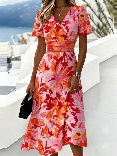 Women Floral Summer Dress V Neck Short Sleeve Fit & Flare Dress A-Line Dress