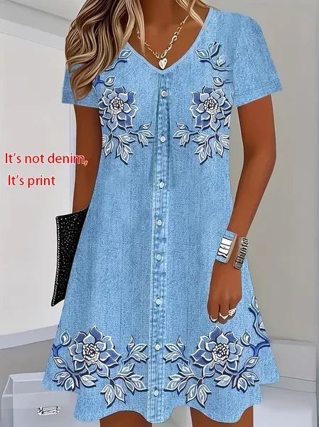 

Women Floral Short Sleeve V Neck Printing Dress Daily Casual Knee Length T-Shirt Dress H-Line Summer Dress, Blue, Casual Dresses