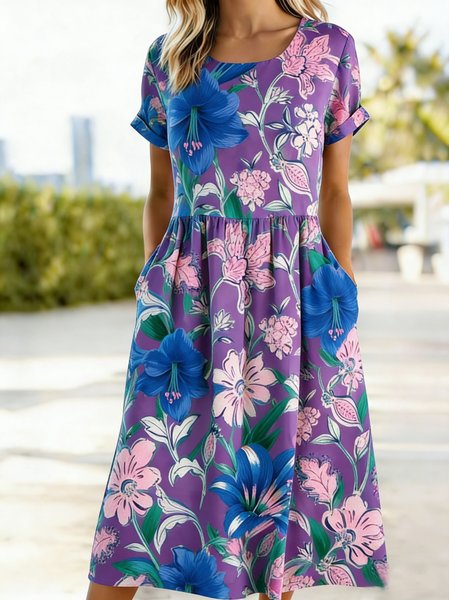 Women Floral Summer Dress Crew Neck Short Sleeve Fit & Flare Dress A-Line Dress