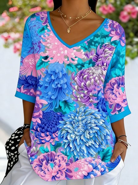 

Casual Floral V Neck Short Sleeve T-shirt, Blue, T-shirts