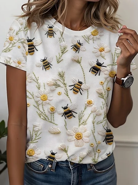 

Casual Floral Crew Neck Short Sleeve T-shirt, White, T-shirts