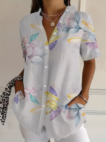 

Shirt Collar Short Sleeve Floral Printing Regular Micro-Elasticity Loose Button Up Shirt Shirt For Women, As picture, Shirts