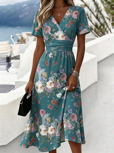 Women Floral Summer Dress V Neck Short Sleeve Beach Dress A-Line Dress