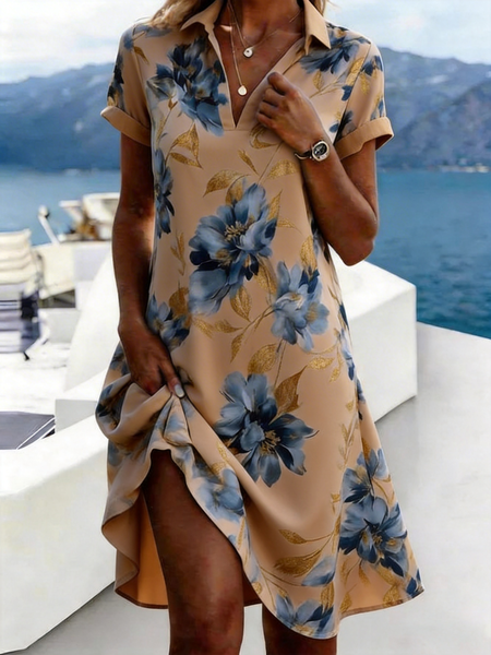 

Women Floral All Season Dress Shirt Collar Short Sleeve Shirt Dress A-Line Dress, Color2, Dresses