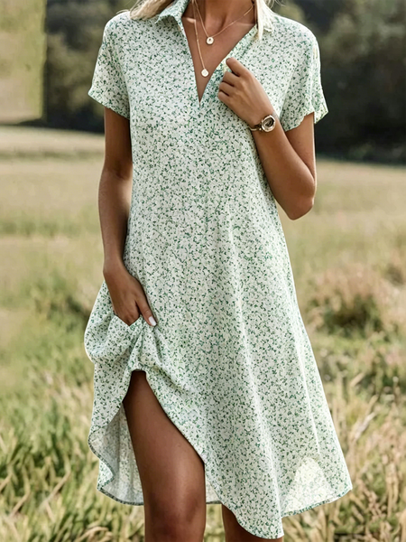Women Ditsy Floral All Season Dress Shawl Collar Short Sleeve Shirt Dress A-Line Dress