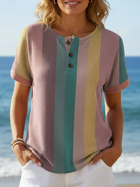 

Vintage Striped Crew Neck Short Sleeve T-shirt, As picture, T-shirts