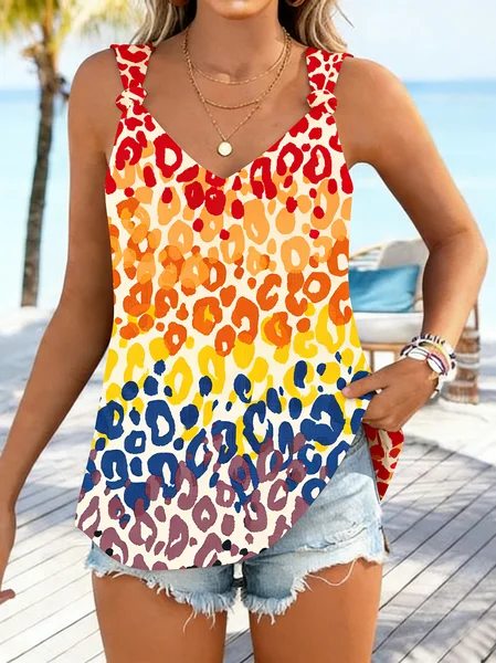 

Casual V Neck Leopard Tank Top, As picture, Tanks & Camis