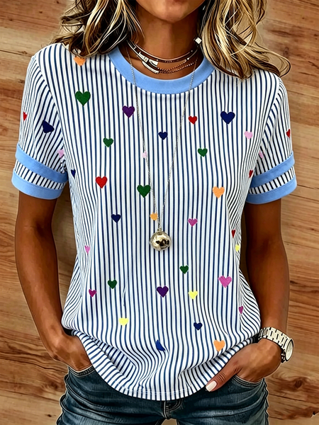 

Casual Striped Crew Neck Short Sleeve T-shirt, Blue, T-shirts