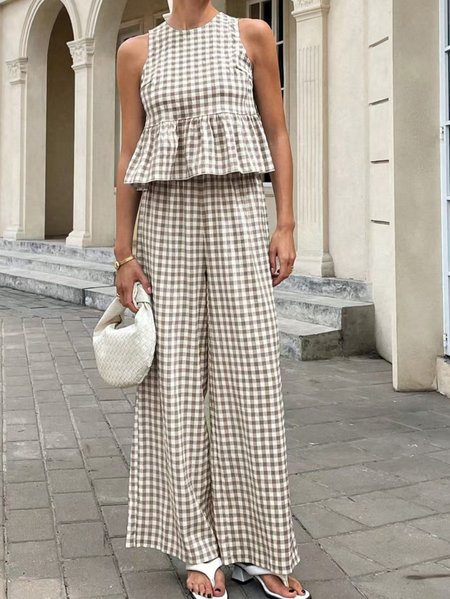 

Women Plaid Split Joint Two-Piece Set Daily Half Sleeve Casual Summer Top With Pants Matching Set, Coffee, Sets