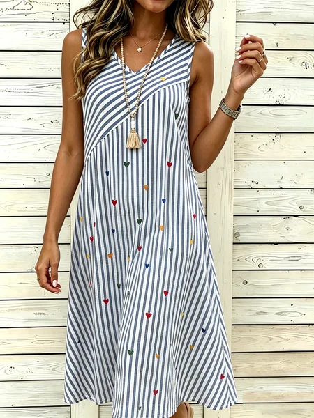 

Women Striped Summer Dress V Neck Sleeveless Tank A-Line Dress, Blue, Dresses