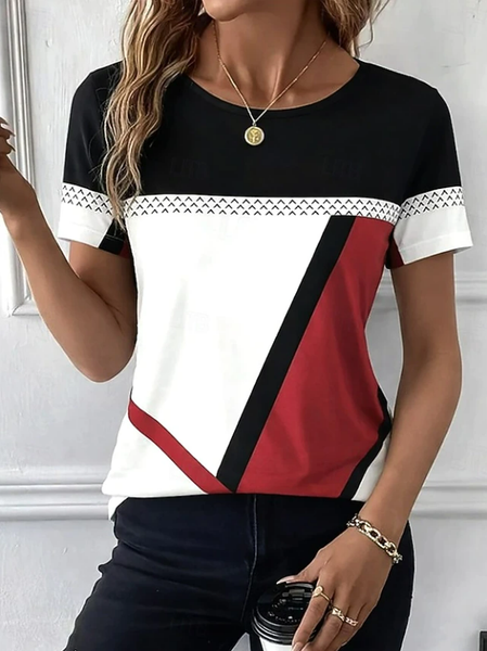 

Women Abstract Short Sleeve Tee T-shirt Crew Neck Printing Casual Graphic Tee Summer Top, Red, T-Shirts