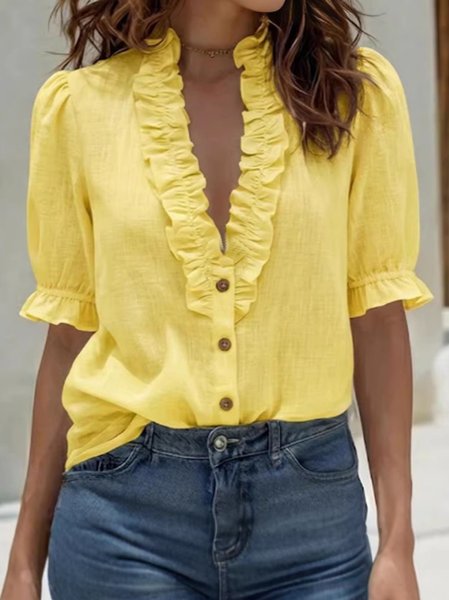 

V Neck Half Sleeve Plain Regular Loose Shirt For Women, Yellow, Shirts