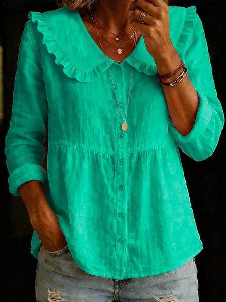 

Shawl Collar Long Sleeve Plain Regular Loose Shirt For Women, Green, Shirts