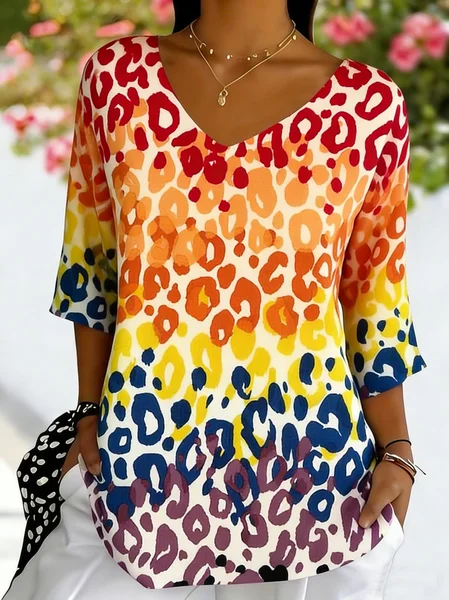 

Casual Leopard V Neck Short Sleeve T-shirt, As picture, T-shirts