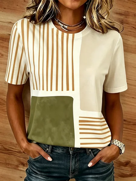 

Casual Striped Crew Neck Short Sleeve T-shirt, Light khaki, T-shirts