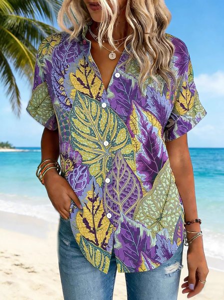 

Shawl Collar Short Sleeve Abstract Regular Loose Shirt For Women, As picture, Shirts