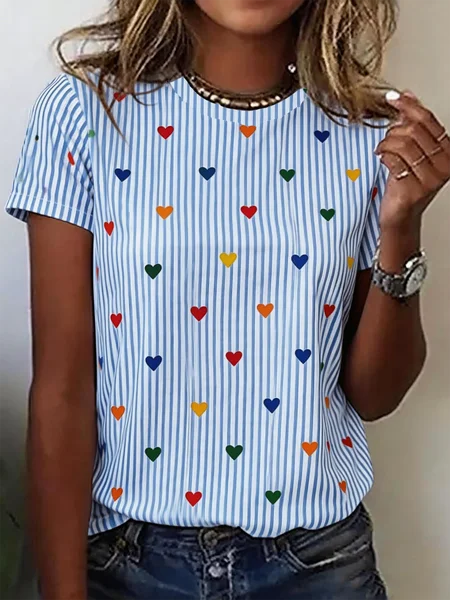 

Casual Striped Crew Neck Short Sleeve T-shirt, Blue, T-shirts