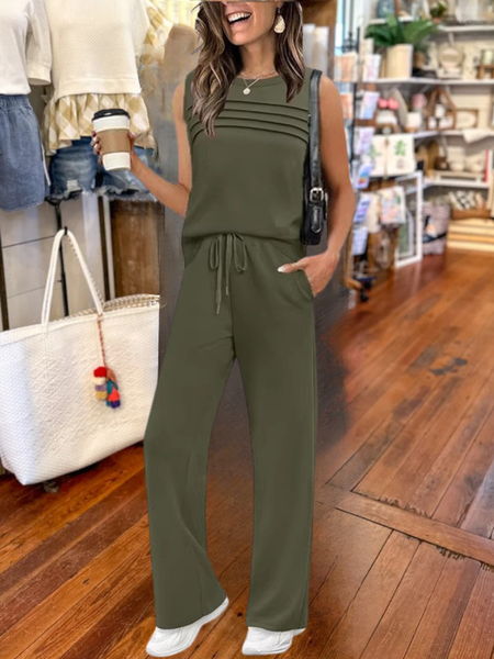 

Women Plain Split Joint Two-Piece Set Daily Half Sleeve Casual Summer Top With Pants Matching Set, Army green, Sets