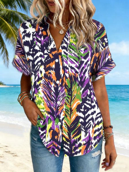 

Shawl Collar Short Sleeve Abstract Regular Loose Shirt For Women, As picture, Shirts