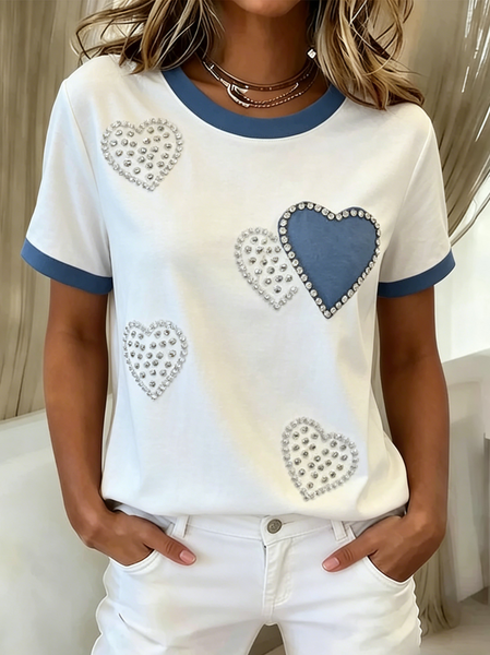 

Casual Heart/Cordate Crew Neck Short Sleeve T-shirt, White, T-shirts