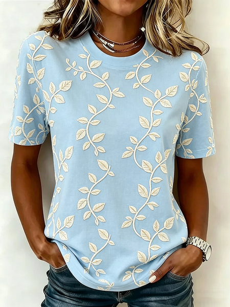 

Casual Botanical Pattern Crew Neck Short Sleeve T-shirt, Blue, T-shirts