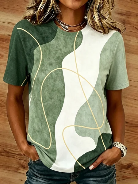 

Casual Striped Crew Neck Short Sleeve T-shirt, Green, T-shirts