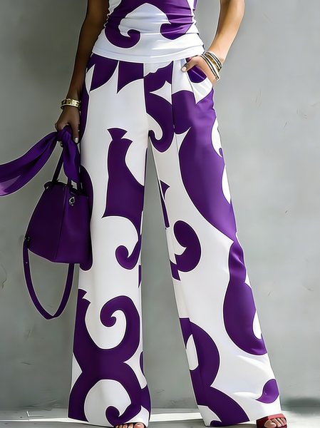 

Urban Random Print Printing Wide Leg Pants, Purple, Pants