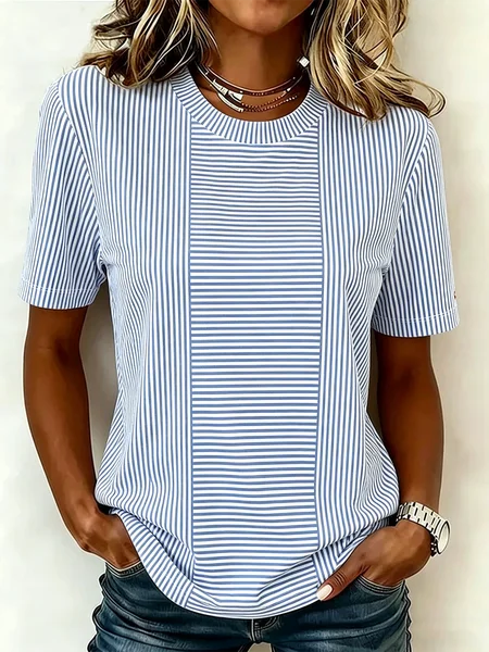

Casual Striped Crew Neck Short Sleeve T-shirt, Blue, T-shirts