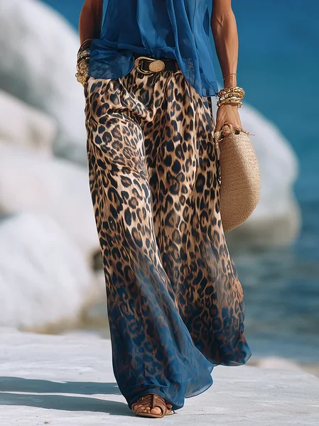 

Casual Color Block Wide Leg Pants No Belt, Blue, Pants