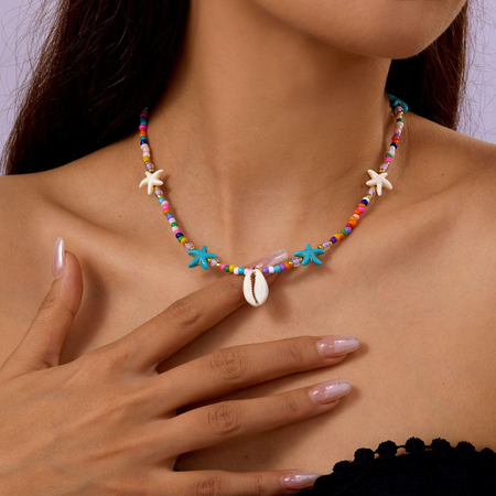 

Ocean-Inspired Seashell Floral Shape Necklace With Chocker, Color5, Necklace
