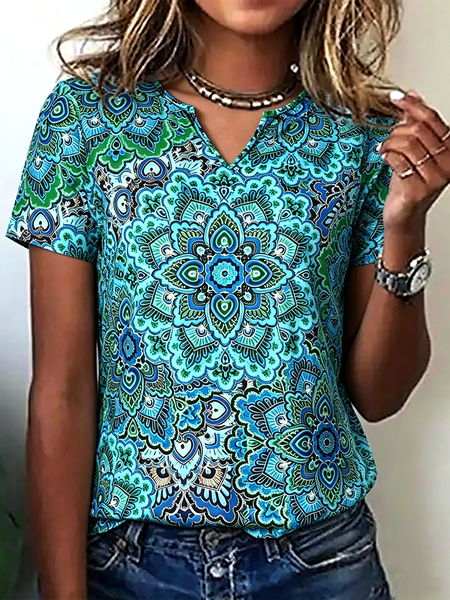 Vintage Ethnic Geometry V Neck Short Sleeve T-shirt