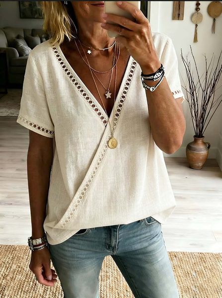 

V Neck Short Sleeve Plain Regular Loose Blouse For Women, Apricot, Blouses