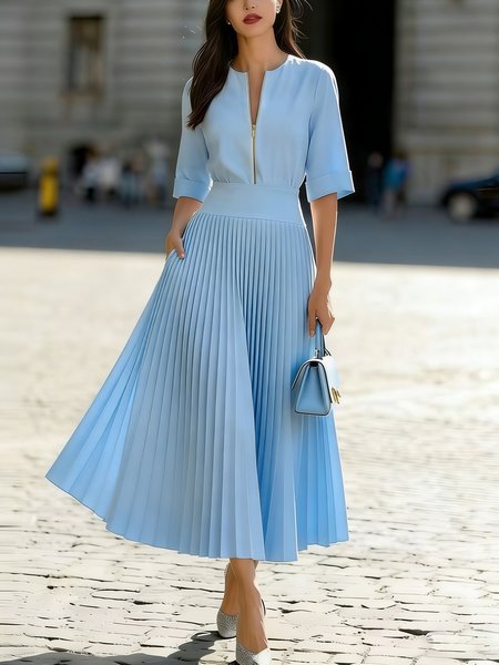 

Urban Plain Pleated Crew Neck Midi Dress, Blue, Maxi Dresses