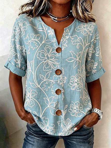 

Stand Collar Long Sleeve Floral Regular Loose Shirt For Women, Blue, Blouses