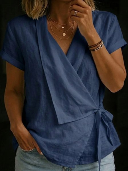

V Neck Short Sleeve Plain Regular Regular Fit Blouse For Women, Navyblue, Blouses