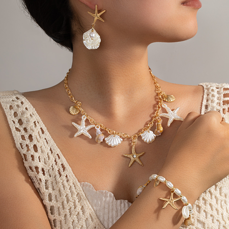 

Golden Color Shell Iron Detail With Starfish And Seed Beads Chain Bracelets Dangle Chain Necklaces Sets, As picture, Jewelry Set